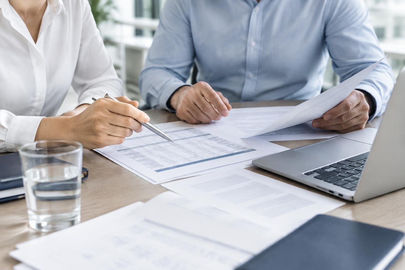 Reviewing documents and accounts at a desk